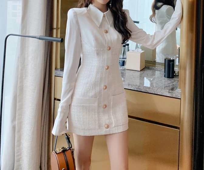 

Party Dresses for Women 2024 Temperament Lapel Patchwork Coarse Woolen Solid High Waist Slim Fitting Long Sleeved Fashion Dress