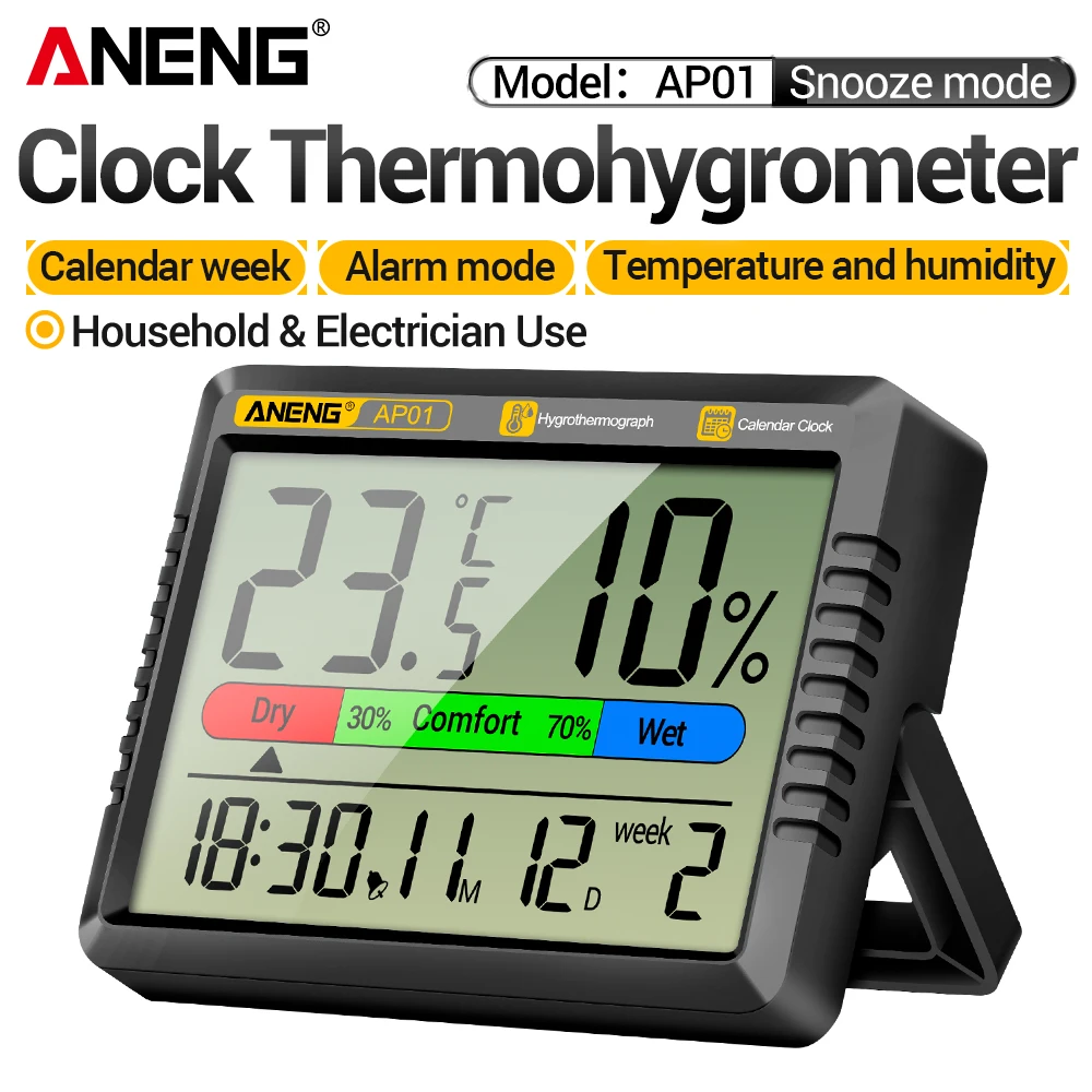 ANENG AP01 Digital Thermo-hygrometer LCD Large Screen with Alarm Calendar and Hourly Chime Indoor Air Temperature Tester Tools