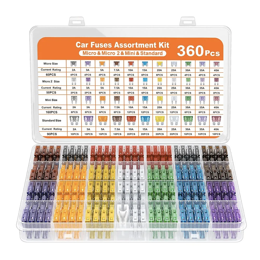 

Набор предохранителей, 360 шт., 160 мини-лезвийных предохранителей, автомобильные 90 стандартных автоматических предохранителей, 50 микро предохранителей 60 Micro2 для грузовиков, мотоциклов