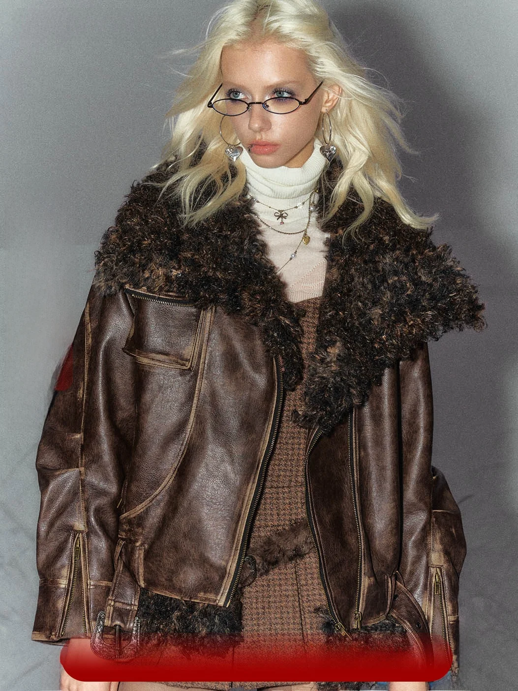 Jaqueta Feminina Marrom Retrô de Couro PU com Detalhes em Pele, Estilo Urbano, Manga Longa, Fechamento com Zíper, Elegante para Outono Inverno