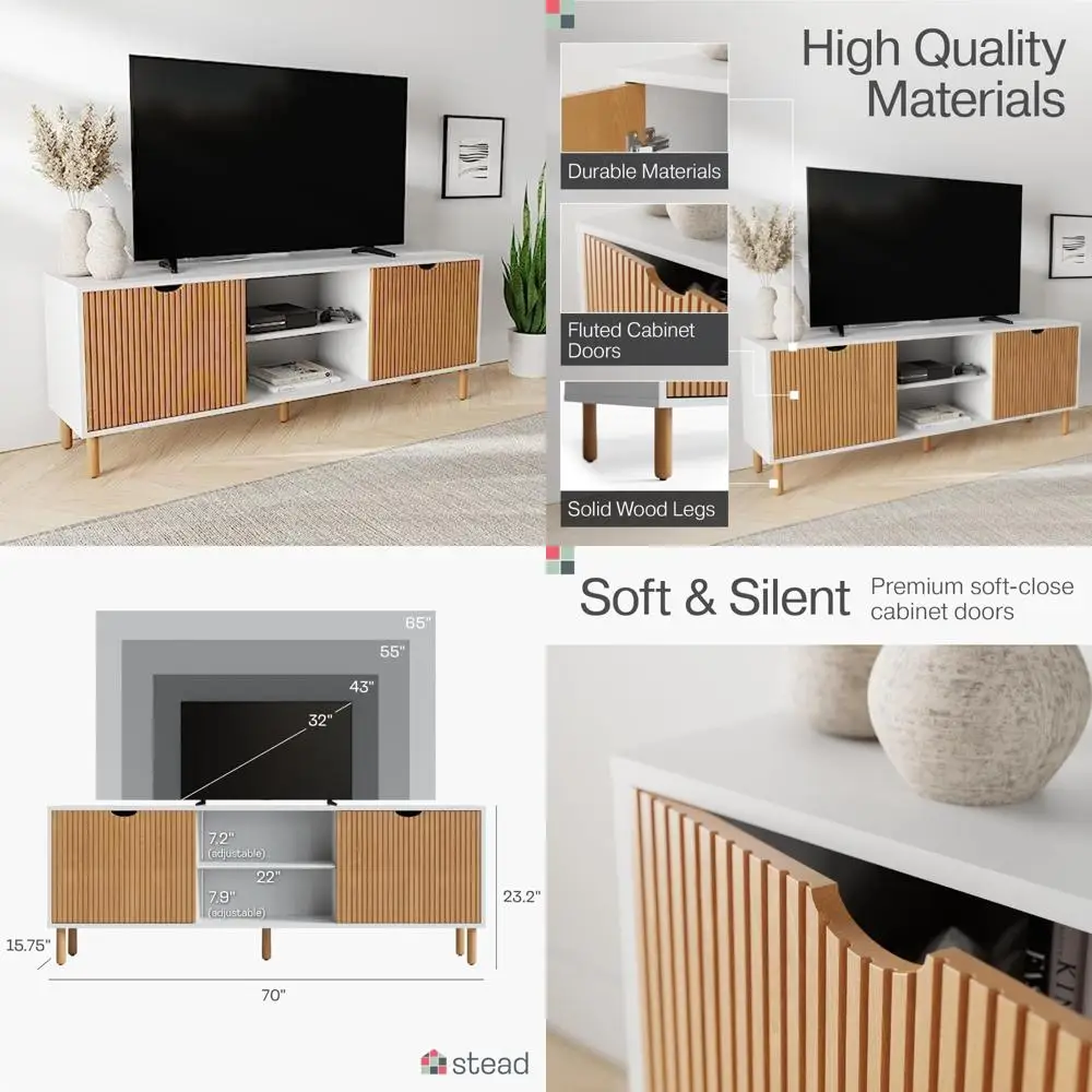 

70-Inch White and Oak TV Stand with Entertainment Center - Fits 32 to 80-Inch TVs, Soft-Close Doors, and Adjustable Shelves