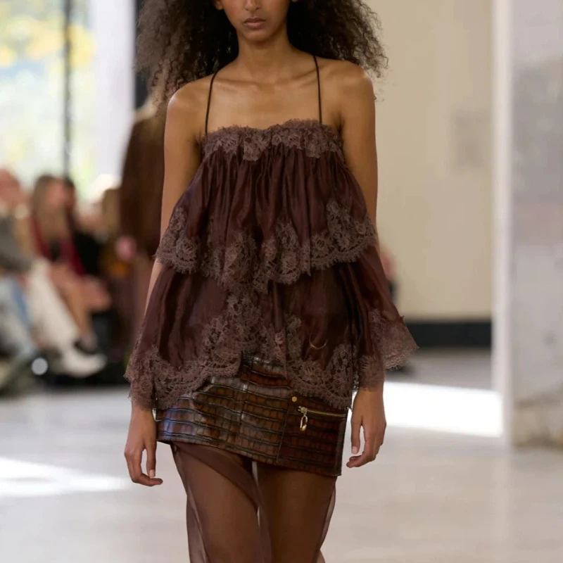 Sexy Sheer Spliced Lace Loose Design Shirt Floral Print Square Neck Sleeveless Backless Elegant Casual Shirt For Spring 2026