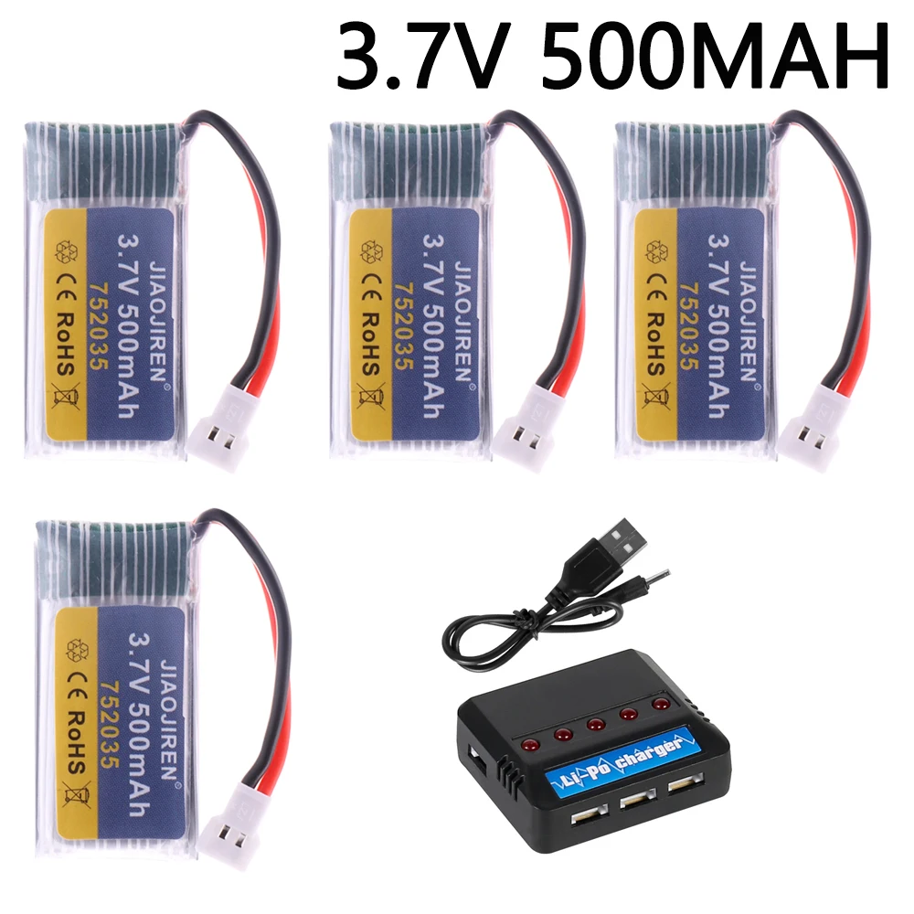 3,7 V 500 mAh 752035 Lipo-Akku mit Ladegerät für H107 H31 KY101 E33C E33 RC Drone Hubschrauber Ersatzteile 3,7 V 1S Akku XH2.54
