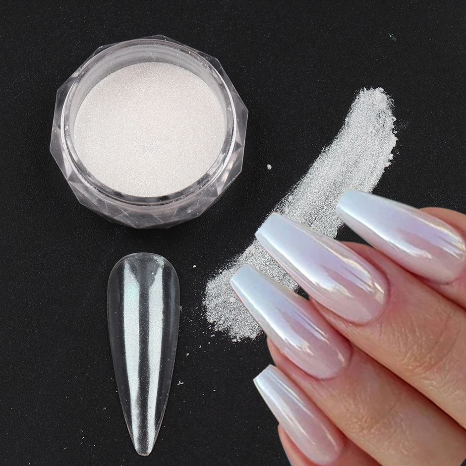 1 Box Pearl White Chrome Powder Nail Glitter Mirror Rubbing on Nails Mermaid Aurora Fine Pigment Polish Dust with Brush JIE01