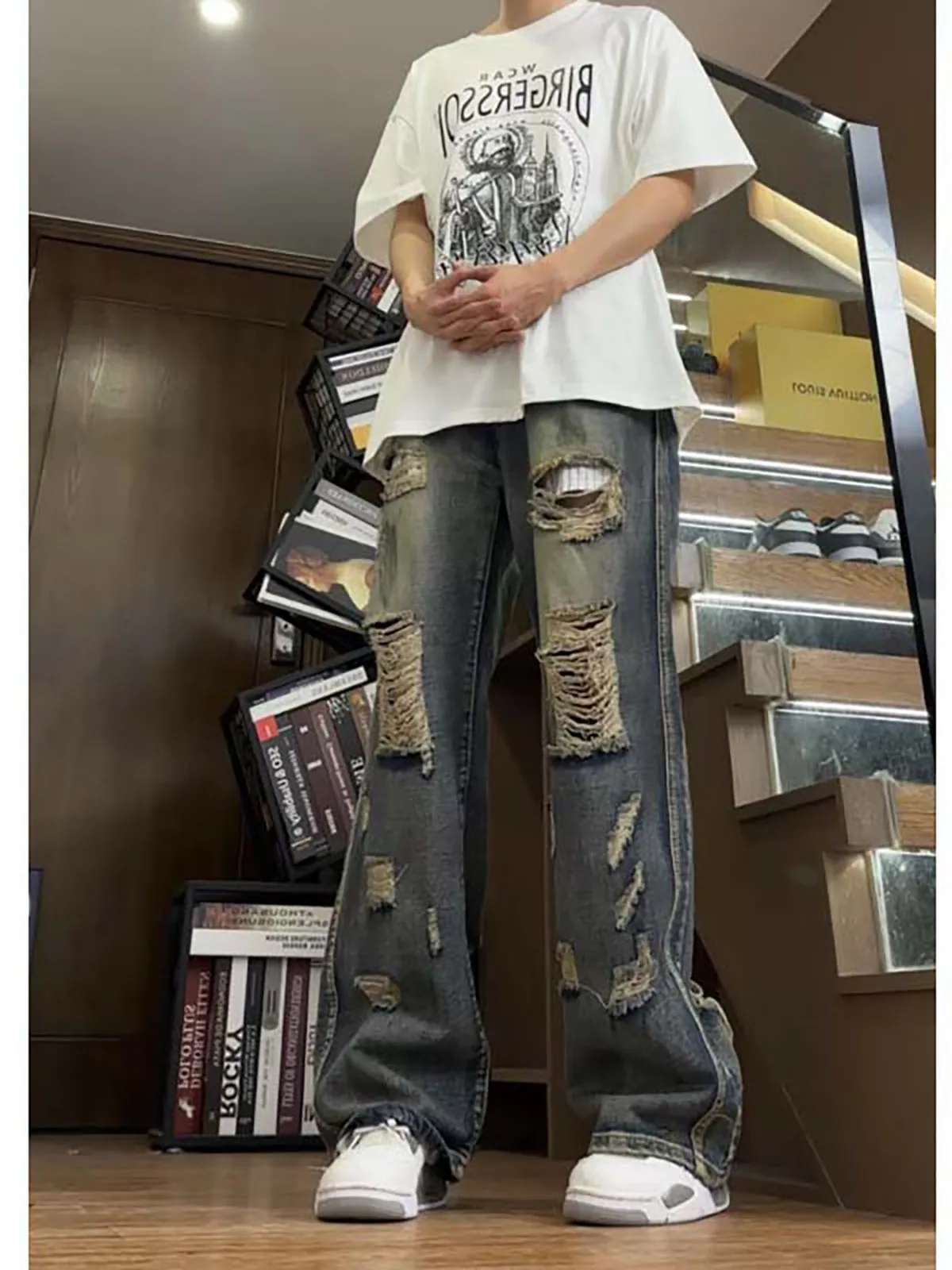 

Washed Distressed Men's Jeans Casual American Vibe Loose Straight Leg Long Pants Torn Hole Edges Classic Straight Fit Jeans