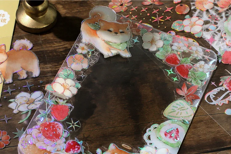 3 Sheets/pack Laser Bronzing PET Hot Stamping Jellyfish Cute Bear Dog Florals Transparent Decorative Stickers