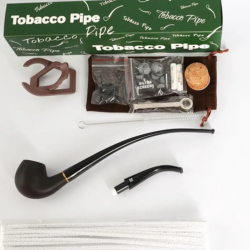 MUXIANG 2 in 1 wood Tobacco pipe churchwarden Pipe One pipe body Two mouthpiece With clean part Curved handle ebony smoking pipe