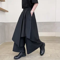 2024 Spring Mens Wide Leg Pants Striped Patchwork Streetwear Elastic Waist Irregular Skirts Trousers Loose Punk Black Pants