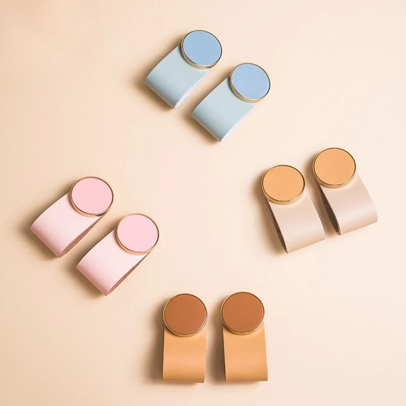 1 PC Leather + Brass Cabinet Handles Colorful Drawer Knobs for Children's Room Bedroom Wardrobe Pulls Modern Furniture Hardware
