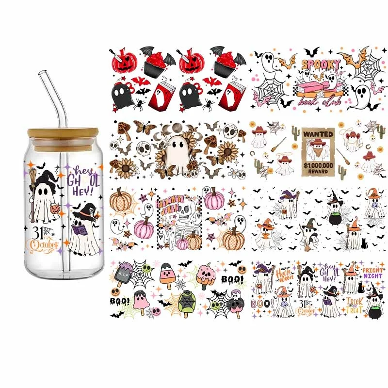 Magic Ghost 3D UV DTF Halloween Series Spooky Transfer Sticker 16oz Waterproof High Qaulity Glass Mug Cup DIY Decals