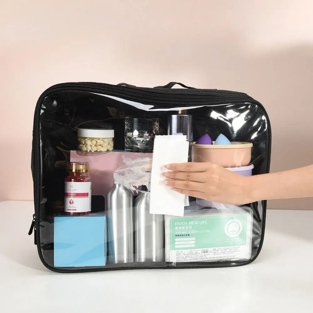 Clear Front Large Capacity Cosmetic Bag Top Handle Dual-Zip Design Makeup Storage Box Multipurpose Adjustable Straps