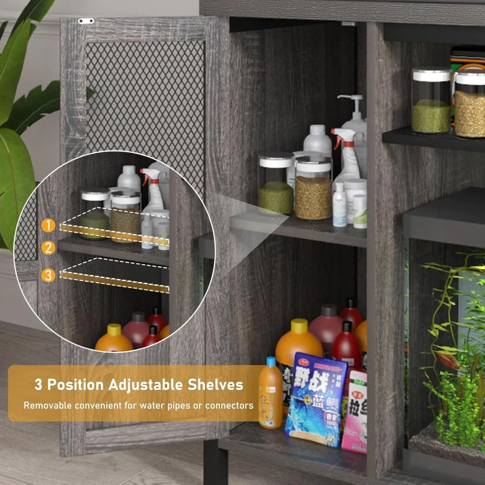 55-75 Gallon Fish Tank Stand with Power Outlet&LED Lights, Heavy Duty Metal Aquarium Stand for 2 Fish Tank Accessories Storage,