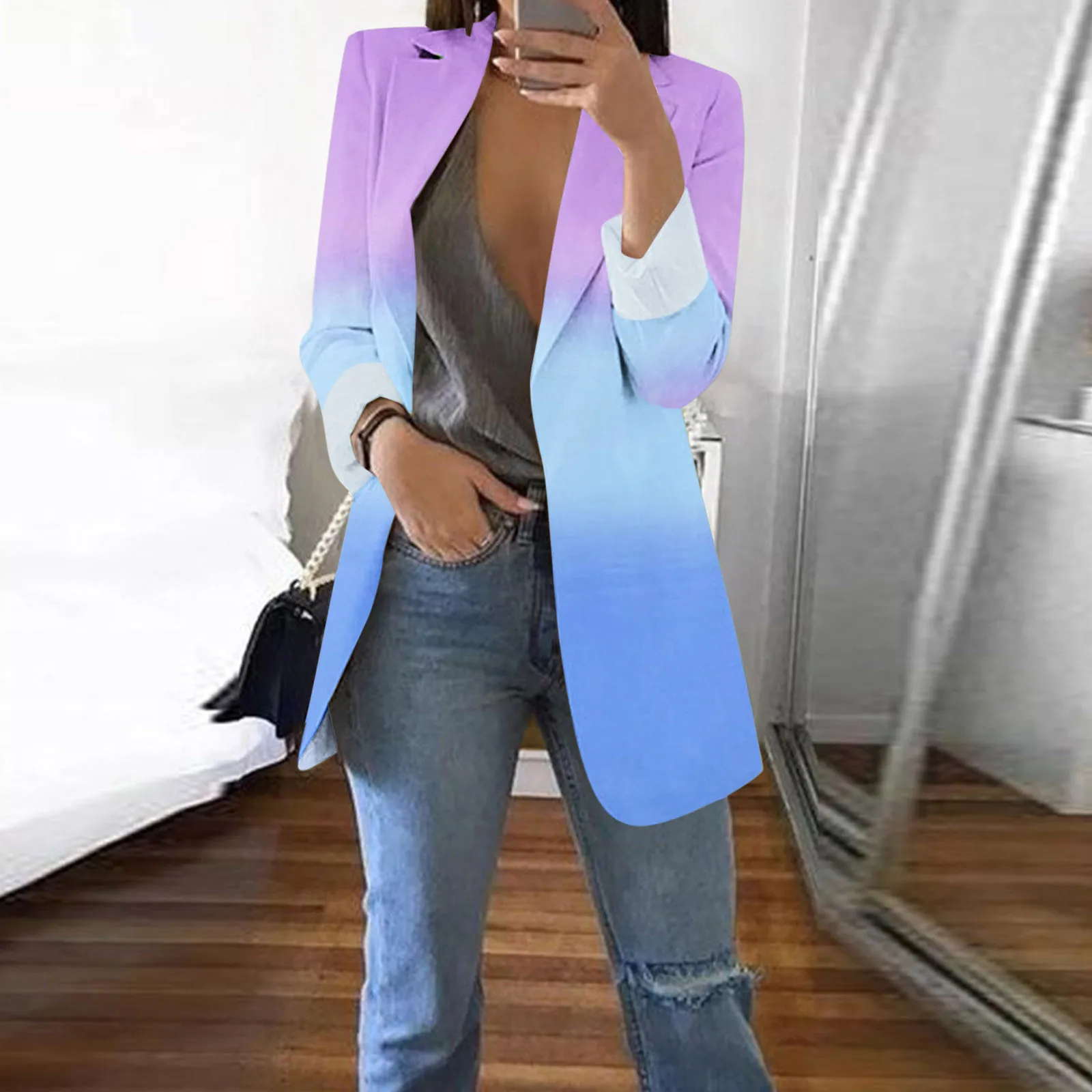 Gradient Blazer Casual Jacket For Women Long Sleeve Open Front Cardigan Jacket Work Office Jacket Chic Lapel Suit Jacket Elegant