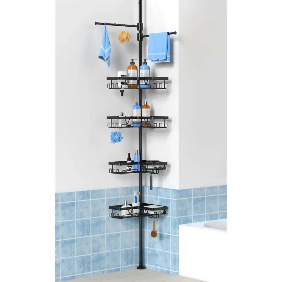 

Черная угловая полка-органайзер для душа на растягивающейся штанге с 2 держателями для полотенец, регулируемая, нержавеющая, для ванной комнаты, для хранения в ванной/на душевой.