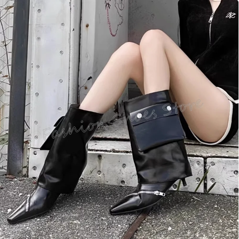 

Black Zipper Decor Pointed Toe Boots Matte Leather Thin High Heels High Heel Shoes for Women Heels 2025 New Zapatos Para Mujere