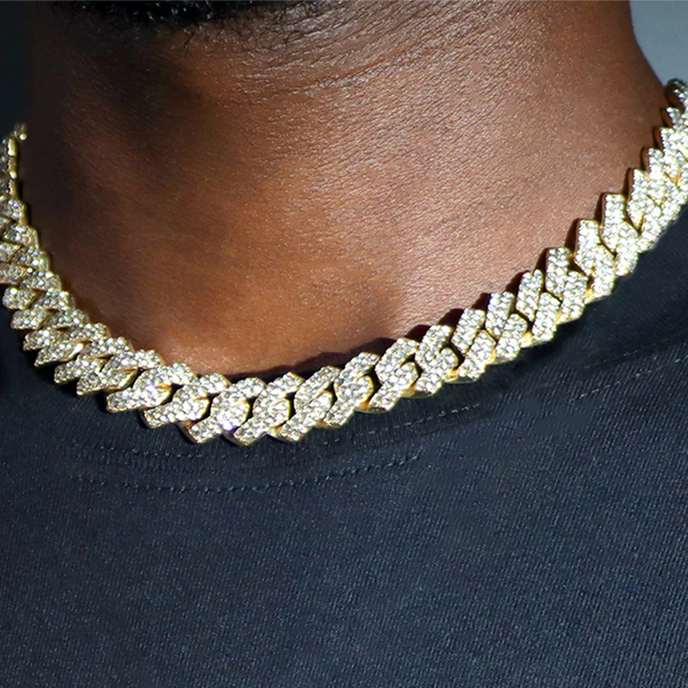 Iced Out 14MM Prong Cuban Link Chain Necklace for Men 2 Row Rhinestone Paved Rhombus Cuban Chain Hip Hop Necklaces Jewelry