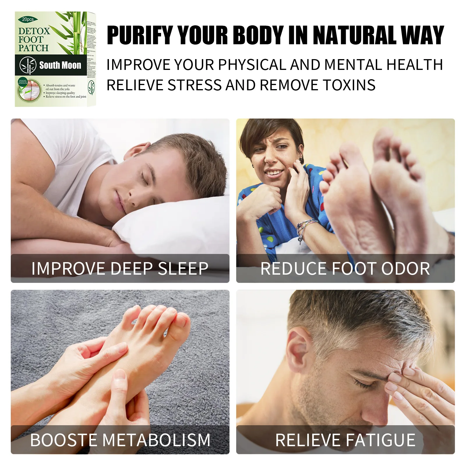 Detoxification Foot Sticker Improve Sleep Headache Back Pain Loss Weight Relieve Stress Remove Toxin Bamboo Charcoal Foot Patch