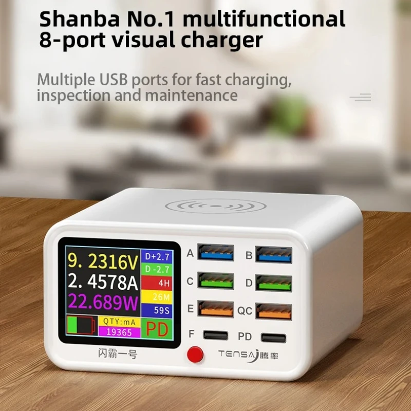多機能8ポートledスクリーンusb急速充電ステーション、電流検出機能付き15wワイヤレス充電器（携帯電話、ipad対応）