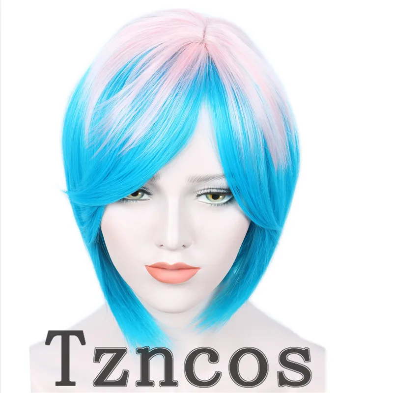 Tzncos-게임 코스프레 가발, 클로이 핑크 블루 짧은 머리 내열성 합성 머리 가격