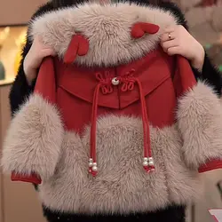 Winter Warm Long Jackets Red Cotton Coats Cute Girls Baby Plus Velvet Thick Kids Artificial fur Lapel Outerwear Children Coat