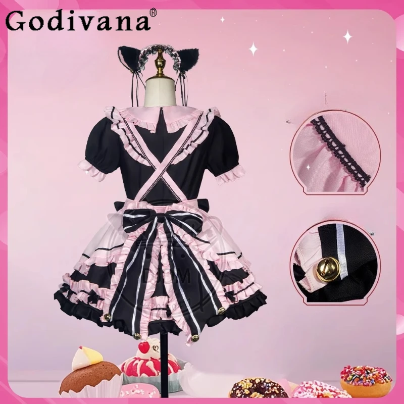 和風ブラックピンクガールズドレスバックボウデザインロリータメイドコスドレス女性用キュートキャットフルセットアニメコスプレドレス