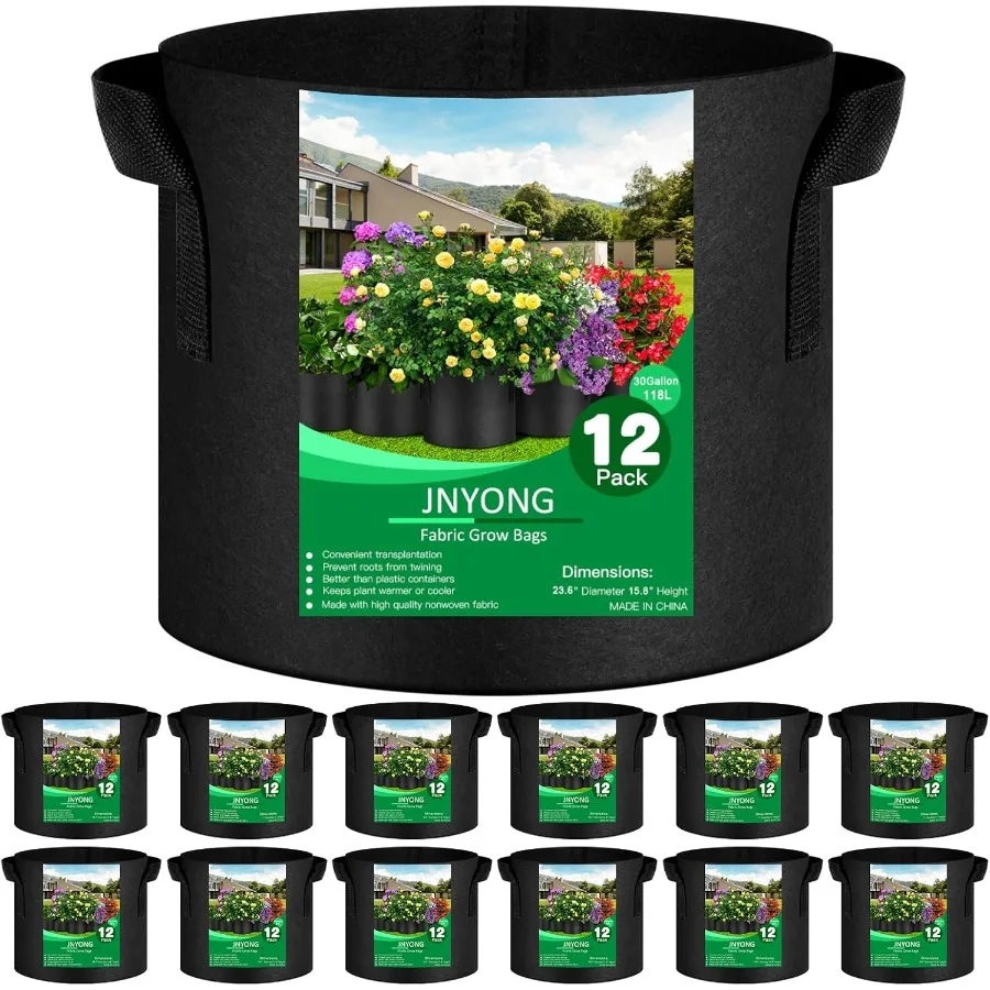 

12-Pack 30 Gallon Thickened Non-Woven Grow Bags Aeration Fabric Pots with Handles Black