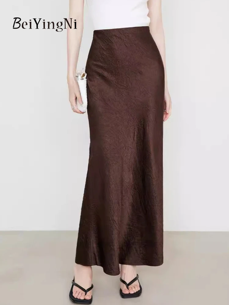 Beiyingni Summer Elegant Women's Satin Long Maxi Skirt 2025 New Fashion Office Ladies Patterns High Street Skirts Casual Slim