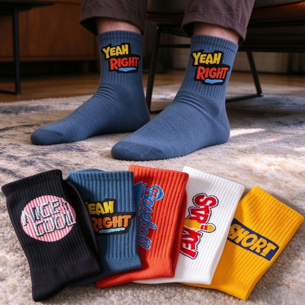 Men Cotton Mid-calf Socks Autumn Winter Couple Socks Cute Cartoon Pattern Sweat Absorbent Breathable Daily Socks