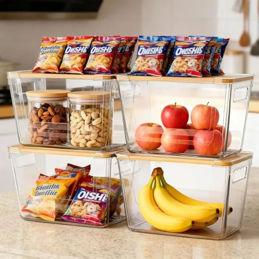 4 Pack Clear Storage Bins with Bamboo Lid, Garbage Bag Dispenser, Pantry Organizers and Storage for Onion Potato, Under Sink Or view 3