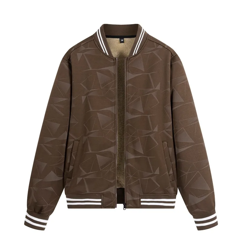 Men's Autumn Winter Fleece Baseball Jacket Geometric Subtle Pattern Lamb Fleece Lined Warm Loose Outerwear