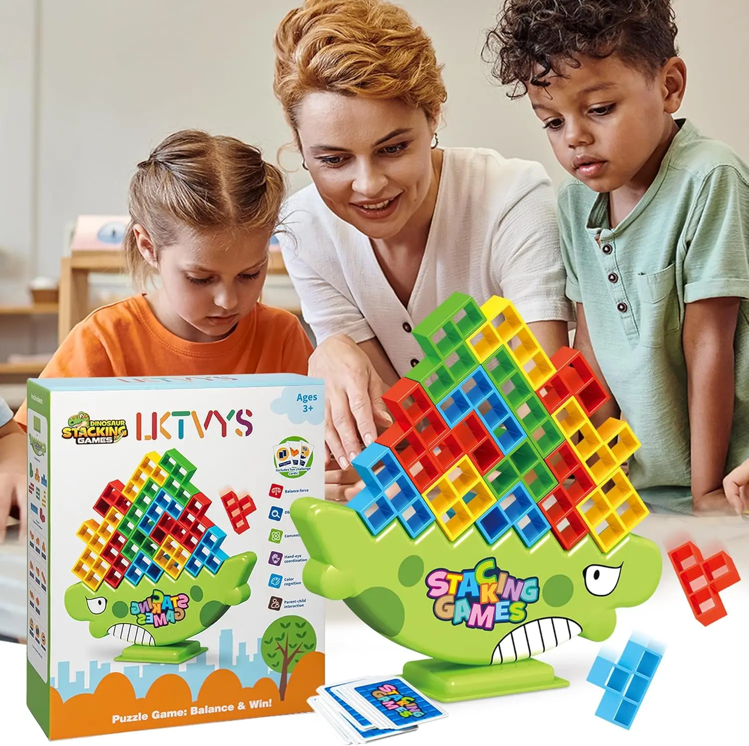 

Dinosaur Balance Games for Kids Stacking Blocks, 64 PCS Tower Stack Game - Perfect Family Games for Kids and Adults - Great for