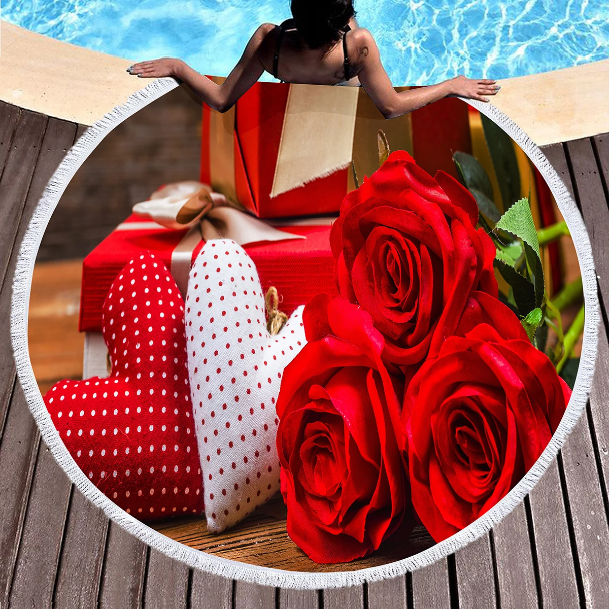 Gift Box Round Beach Blanket,Superfine Polyester Sand Resistant Beach Towel,Absorbent Quick Dry Portable Pool Towel Picnic Mat