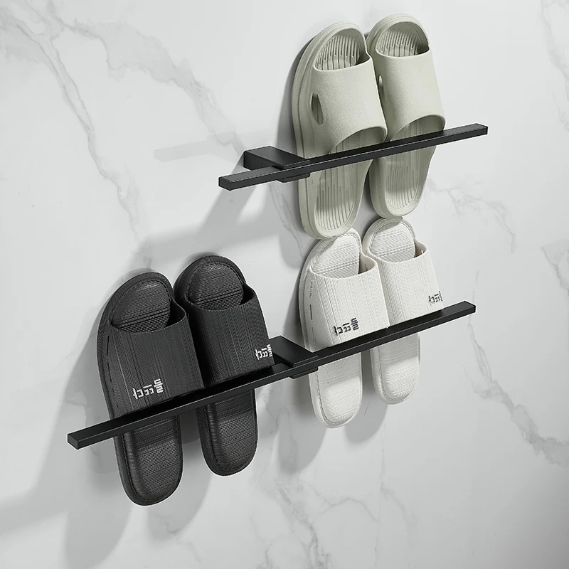 TOLM Black Toilet Hanging Non Perforated Towel Rack, Simple And Creative, Extendable Towel Pole, Stainless steel Towel Rack