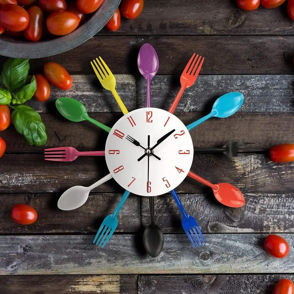 -MEOF Reloj de pared de cocina, cubiertos creativos modernos extraíbles 3D, cuchara de cocina, tenedor, reloj de pared, espejo, pegatina de pared, habitación