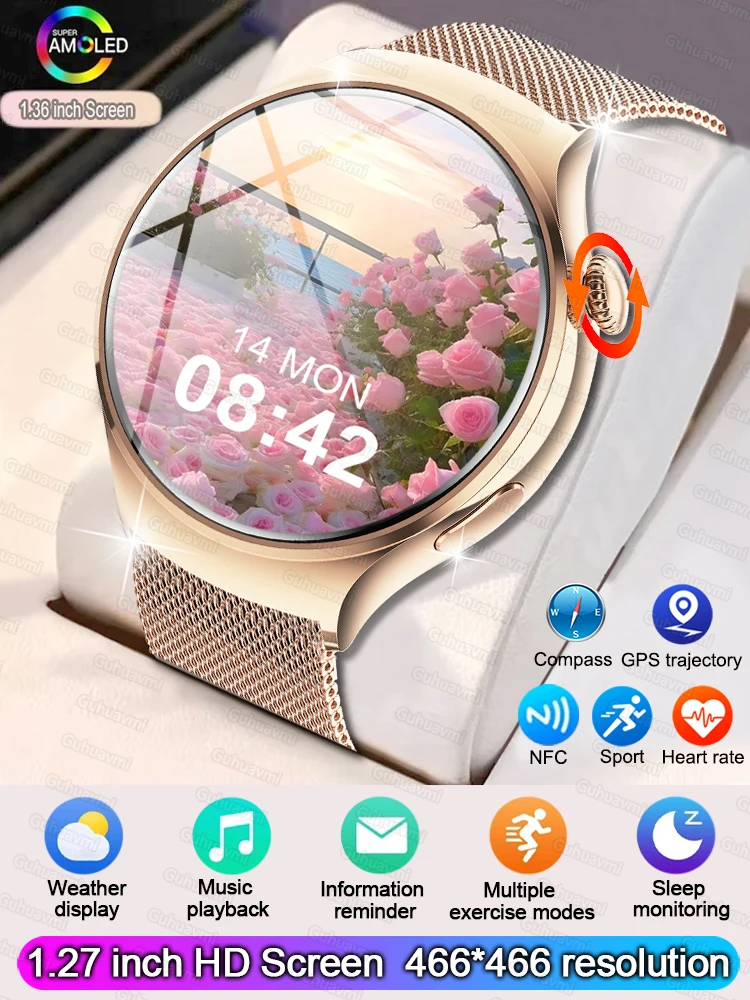 Smartwatch damski 2026, nowy model, modny, z ekranem AMOLED HD, GPS, funkcją pomiaru tętna, połączeniami Bluetooth, wodoodporny, idealny na zewnątrz. — zdjęcie 2