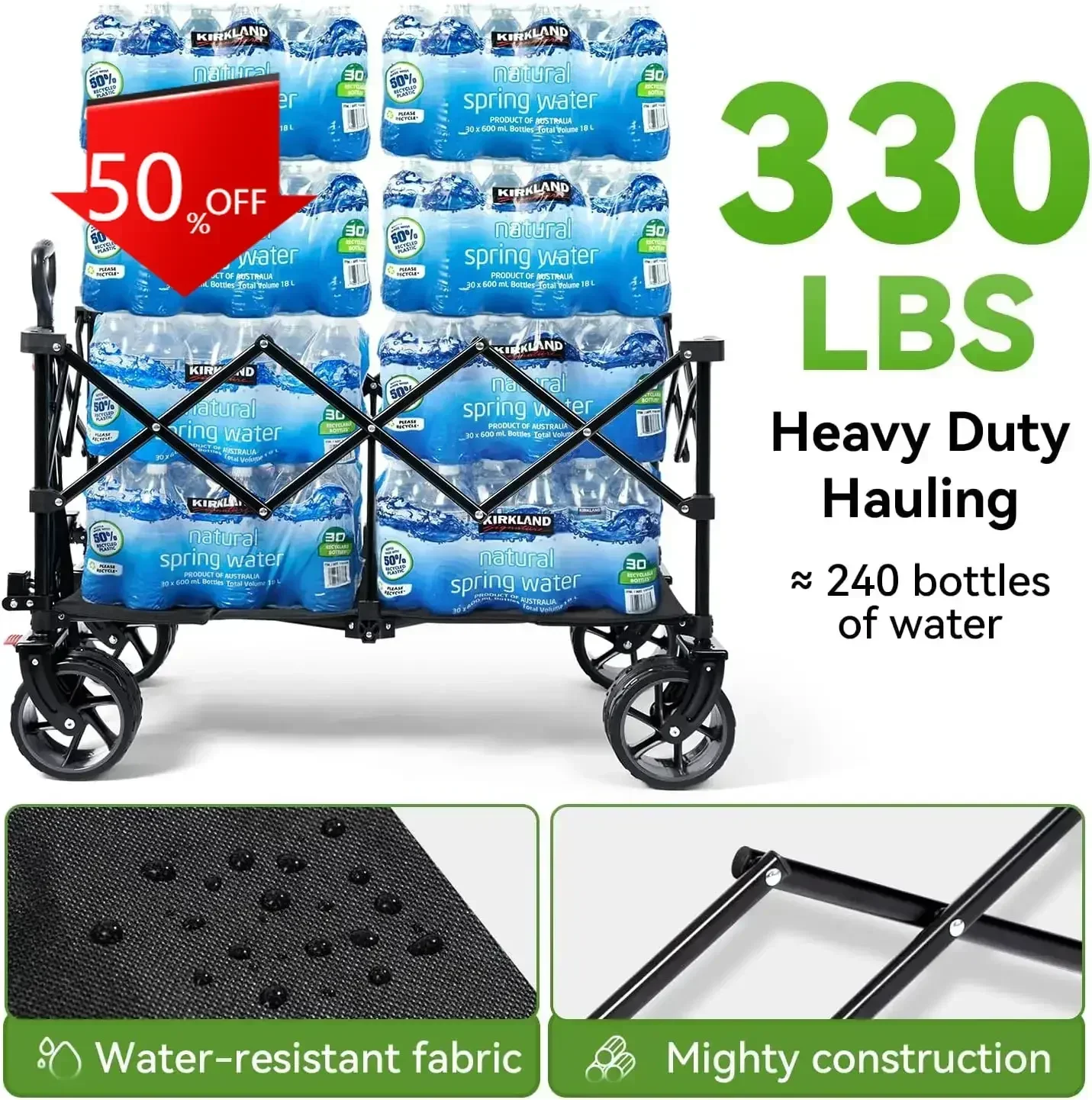 

Collapsible Wagon Cart, 330lbs Capacity Beach Wagons with Big Wheels for Sand, Heavy Duty Foldable Cart with Brakes（Hot）