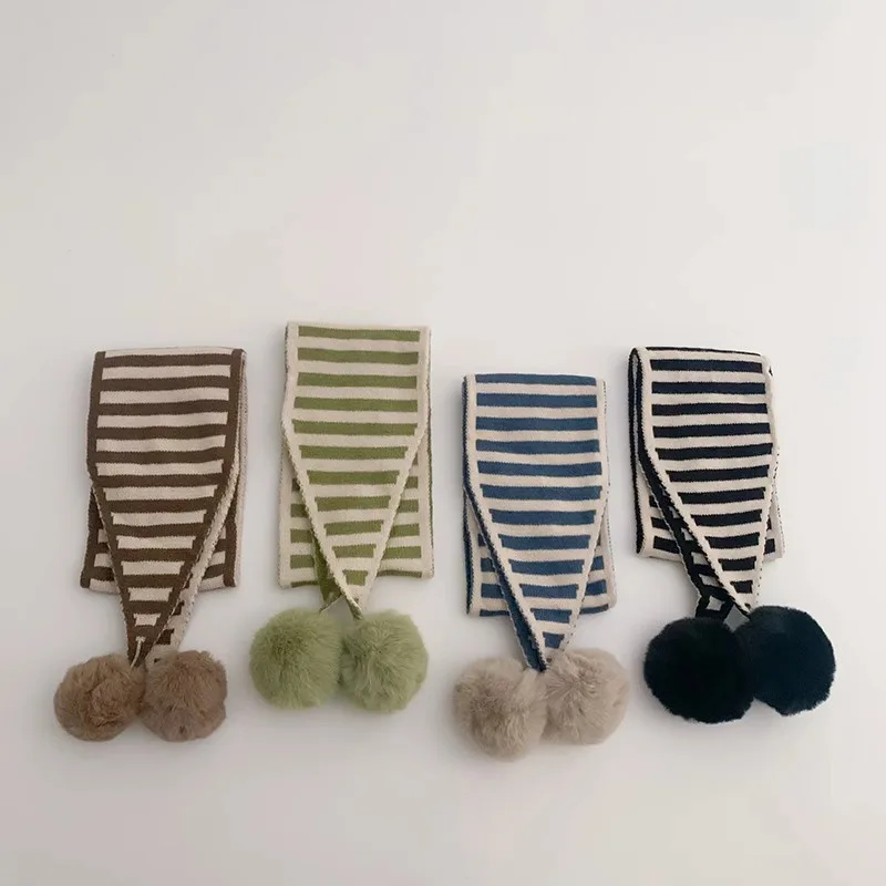 New Arrivals 2023 Striped Fur Balls Children Scarf for Boys Girls Autumn Winter Warm Knitted Collar Baby Kids Scarves 2-8Y