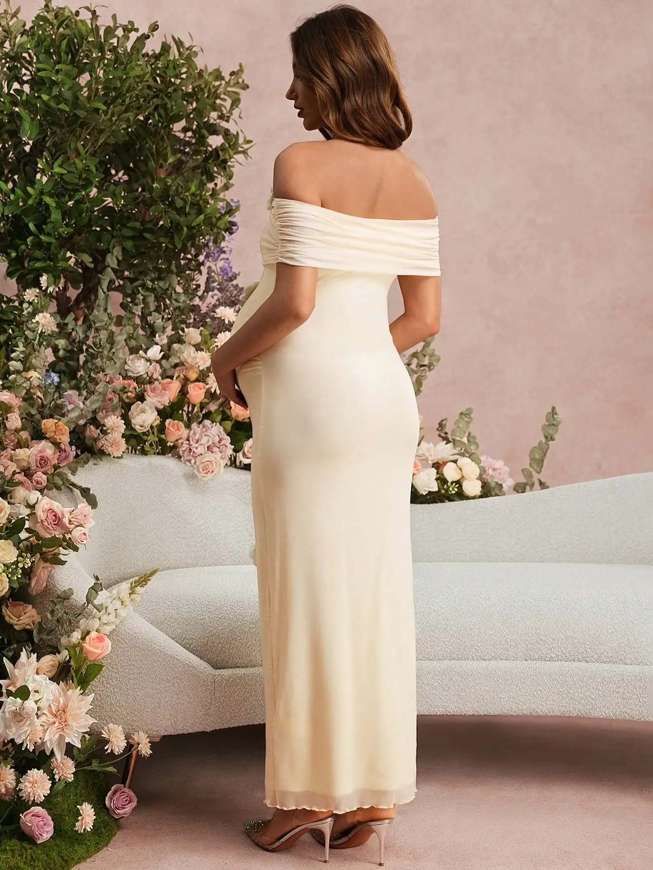 

Элегантное платье для беременных с открытыми плечами, 3D цветочным декором, однотонное, в пол