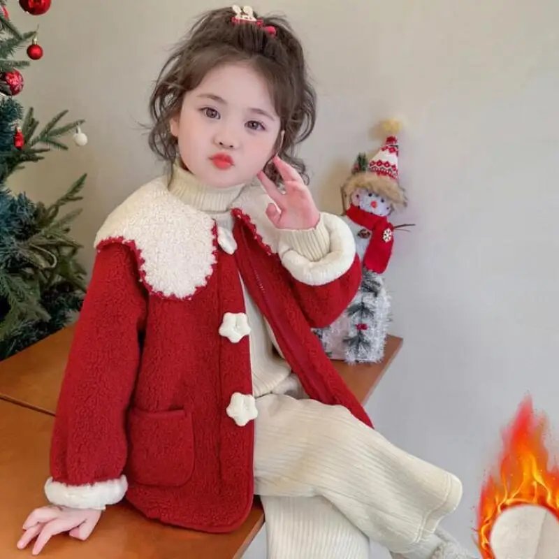 

Зимний новый модный кукольный воротник для маленьких девочек с пушистым свитером, куртка Kawaii, повседневное пальто, топы, толстые милые пуговицы с цветком для мальчиков