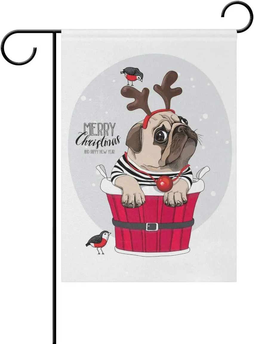 Christmas Garden Flag, Top Carpenter Dog Pug Funny Flags, Winter Garden Flags 12x18 inch with Double Sided Printed for Holiday O