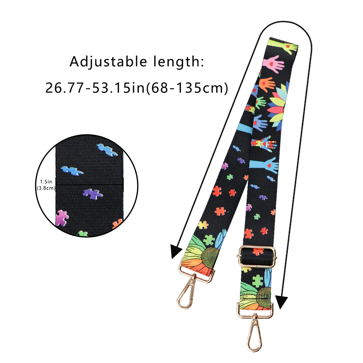 Sangle de sac à main en nylon réglable pour femme, sangle de sac à main, sangle de voyage, accessoires de sensibilisation au tisme, puzzle, métal à la mode