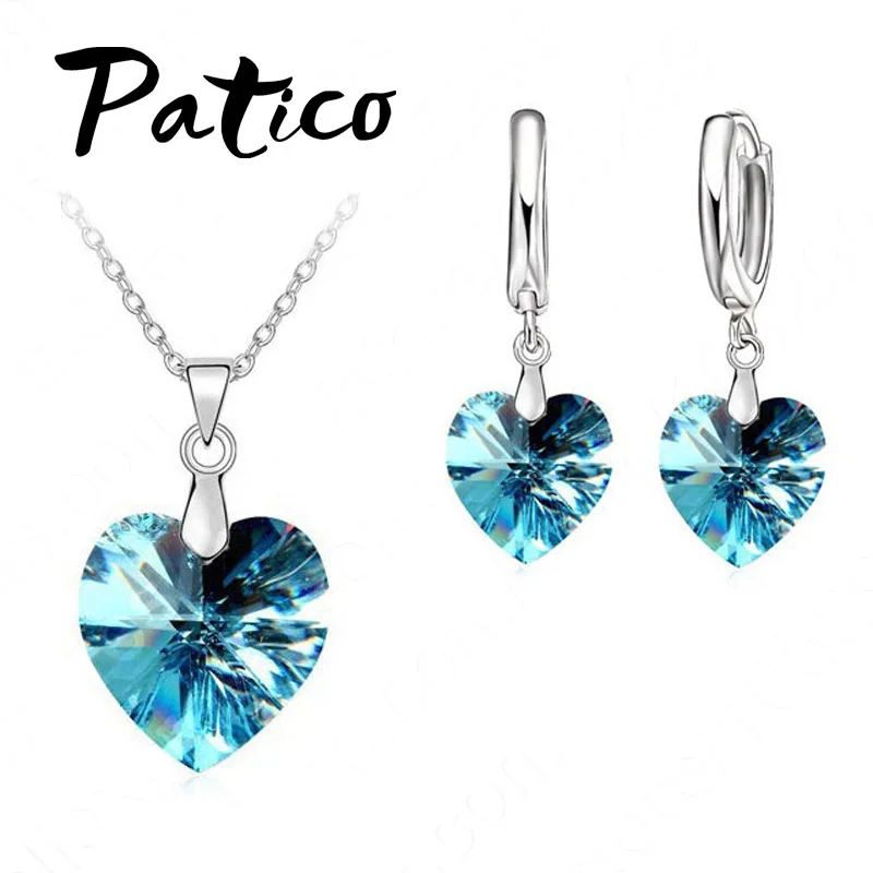 Austrian Crystal Genuine 925 Sterling Silver Jewelry Sets Heart Stone Pendant Necklaces Drop Earrings Woman Accessories Gift