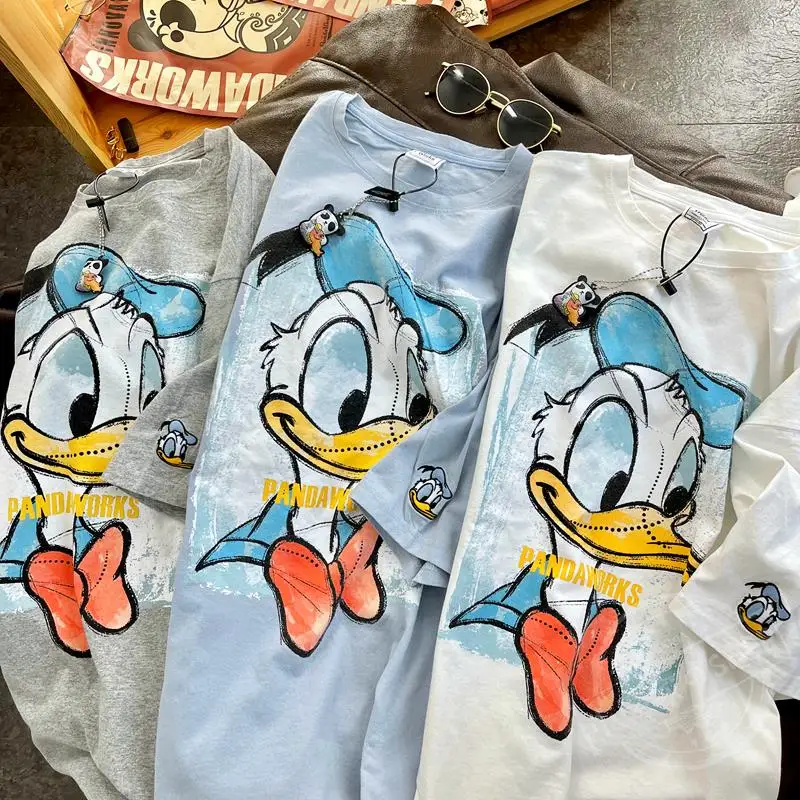 Disney Donald Duck Trendy T Shirts for Women Cotton Short Sleeve Casual Loose White Gray Summer Women\'s Shirts Tops