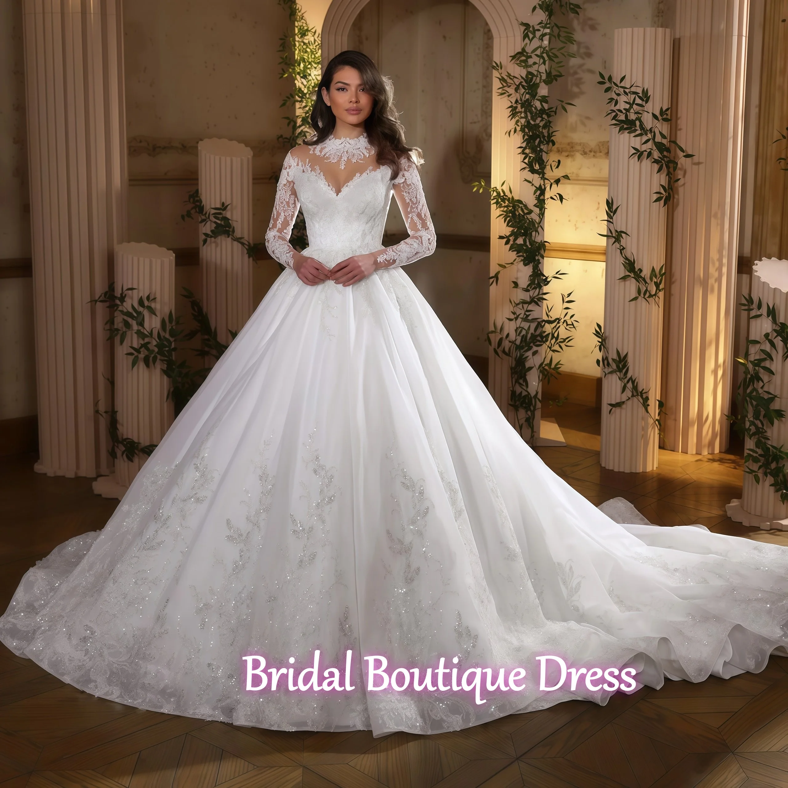 

Customized Elegance Long Sleeve Wedding DressesO-Neck Luxury Beading Appliques Gorgeous Vestidos De Novia Bridal Gowns