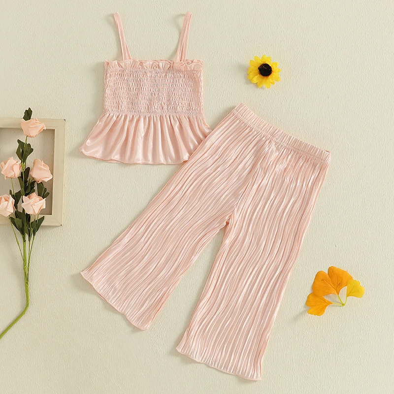 

Toddler Baby Girl Summer Outfit Solid Ruffled Trim Smocked Sleeveless Tops and Ripple Texture Pants 2 Pcs Set