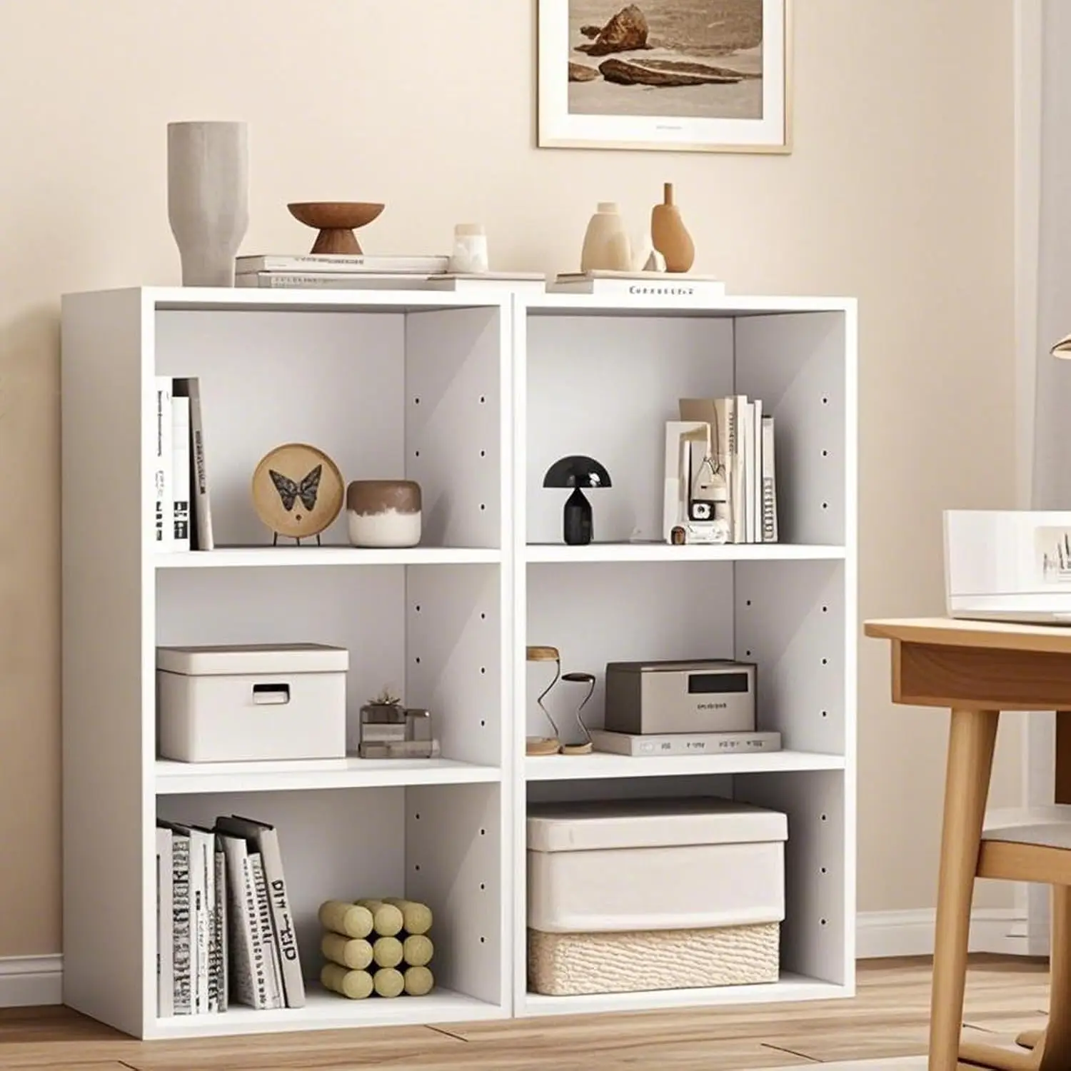 

Набор 3-х уровневых книжных шкафов из 2 шт., маленькая открытая книжная полка, деревянная книжная полка для хранения с регулируемыми панелями для гостиной, дома O