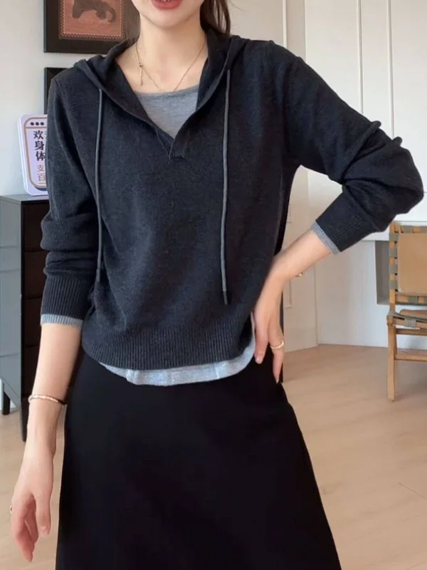 

Color Blo Knitted Long Sve Hoodie Women's Loose Fit Spring Summer plus Size Faion Casual Top Two-Piece Look