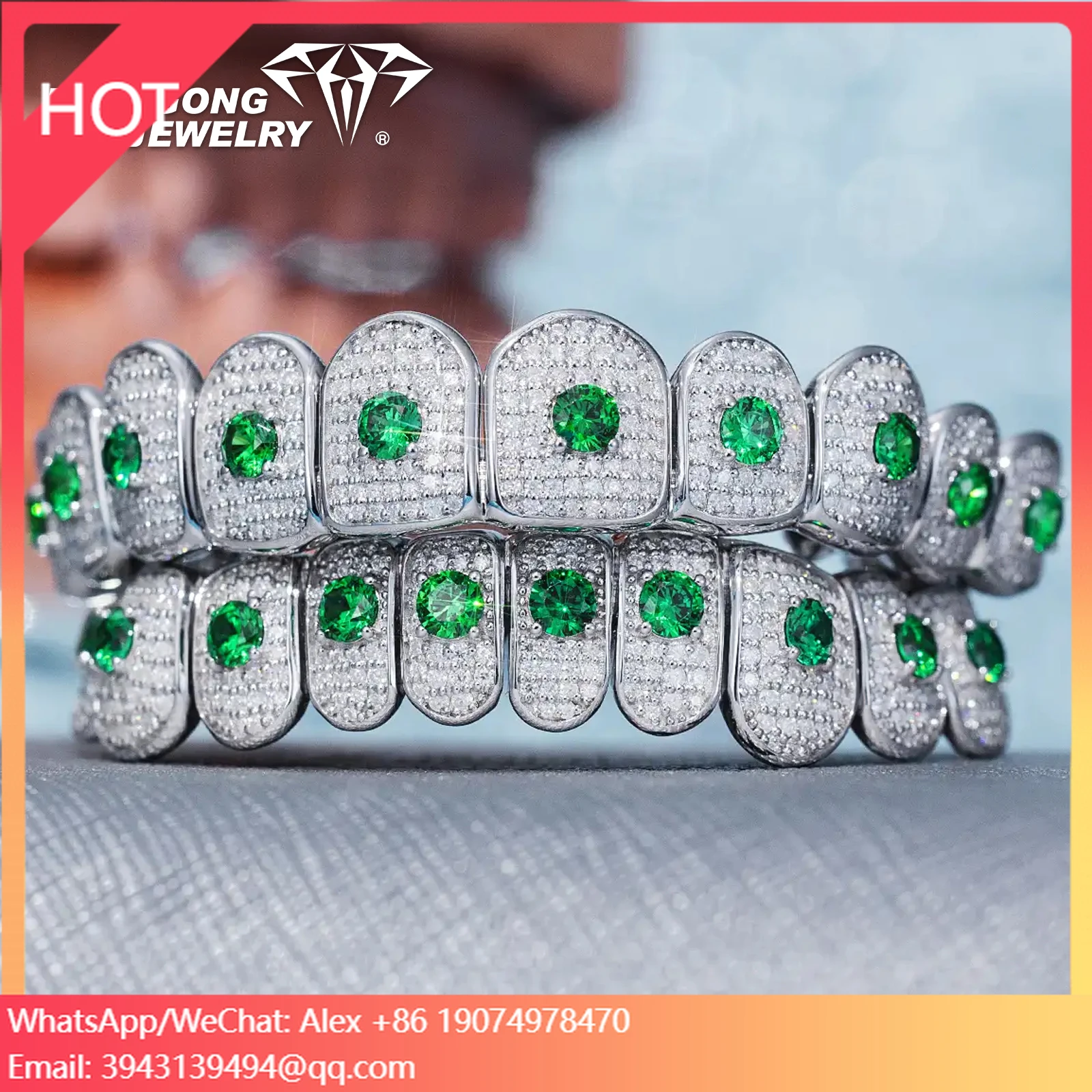 

Custom 925 Silver -Hop Fine Jewelry Green VVS Moissanite Diamond Brilliant Cut Grills Gemstone Grillz For Teeth