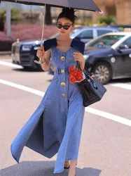 Trendy Fashion Women's Metal Buckle Waist Hollow Out Denim Dress 2024 Spring Lapel Sleeveless Split Dresses Female