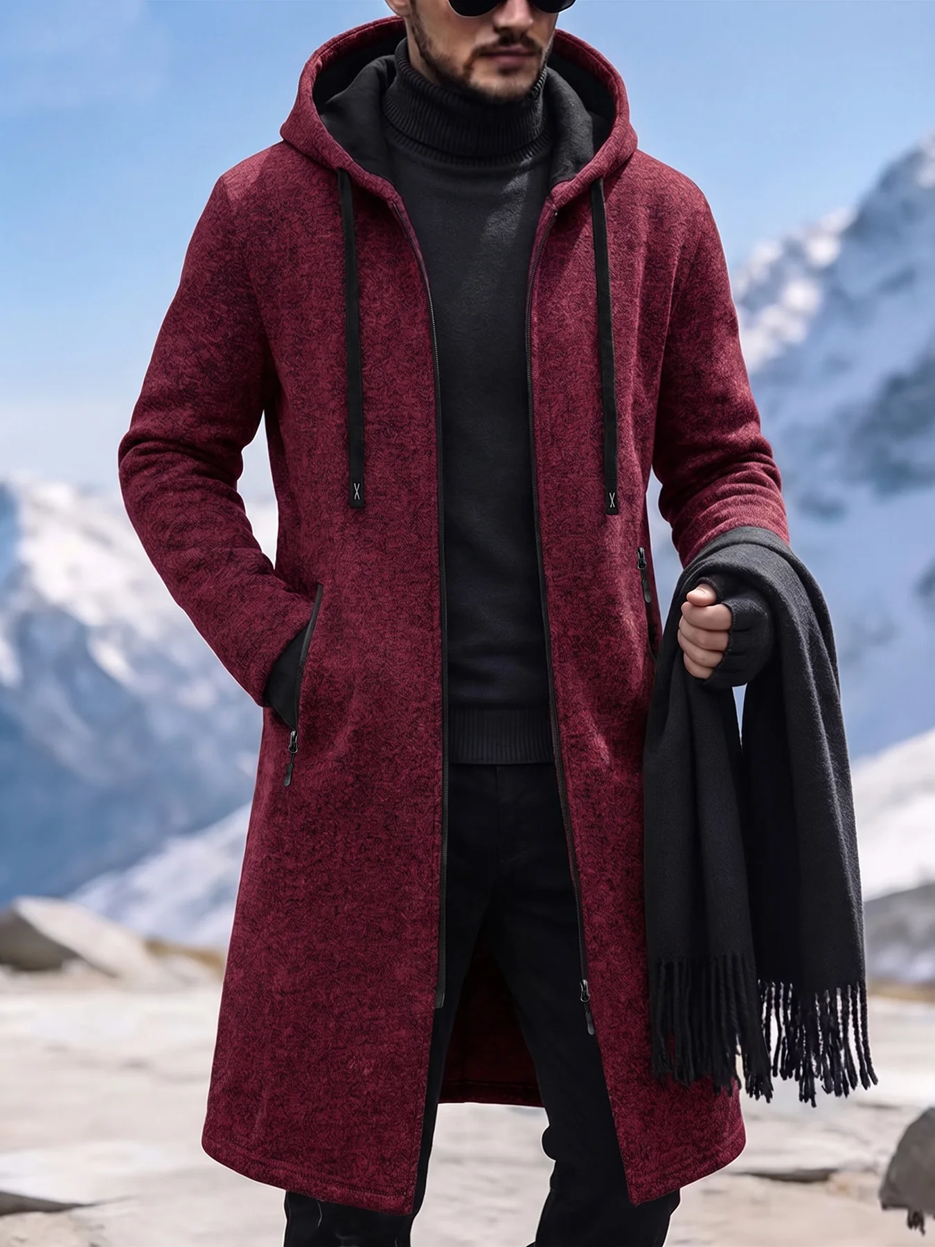 Men Casual Long Hooded Zip Up Coat Long Sleeve Drawstring Hood Secure Zipper Pockets Streetwear Outerwear